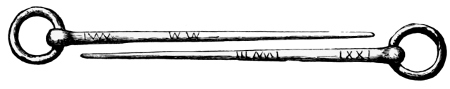 Fig. 217.—Bronze Pin from Broch of Okstrow (4¾ inches in length).