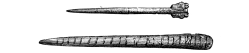 Figs. 228, 229.—Bone Pin with ornamental head, and pin with transverse markings, from Broch of Burrian (actual size).