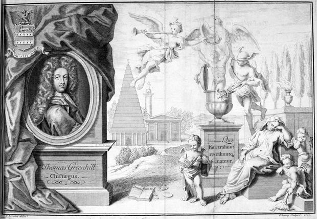 _T. Murray pinx._ _Thomas Greenhill_ Chirurgus. HONOR ALIT ARTES Quo Fata trahunt retrahuntqꝫ sequamur. P. Berchet delint. Nutting sculpsit. 1705.