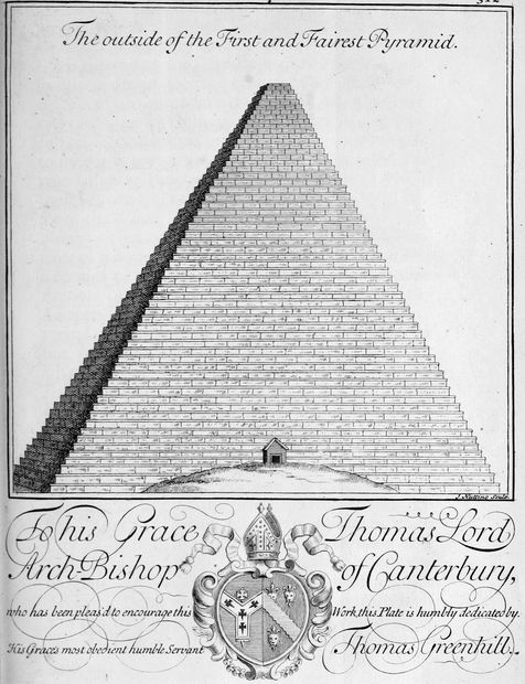 The outside of the First and Fairest Pyramid. J. Nutting Sculp. To his Grace Thomas Lord Arch-Bishop of Canterbury, who has been pleas’d to encourage this Work, this Plate is humbly dedicated by His Grace’s most obedient humble Servant Thomas Greenhill.