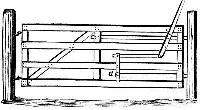 wooden gate with two latches in a long handle