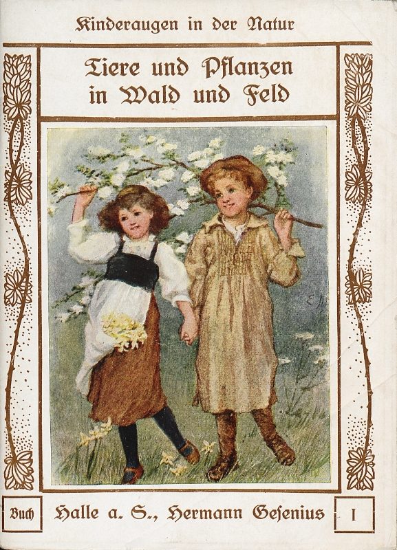 Titelbild mit Junge und Mdchen, einen blhenden Zweig tragend