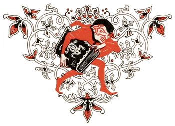 Nain dans des rinceaux emportant le manuscrit de La Mandragore