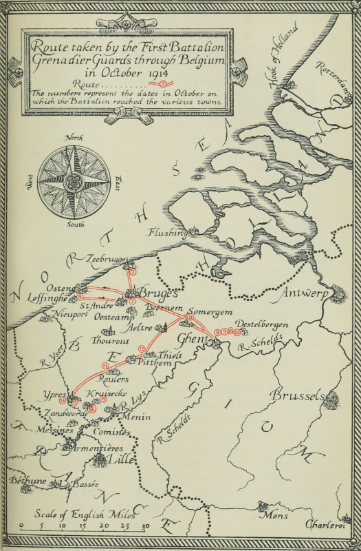 Route taken by the First Battalion Grenadier Guards through Belgium in October 1914.