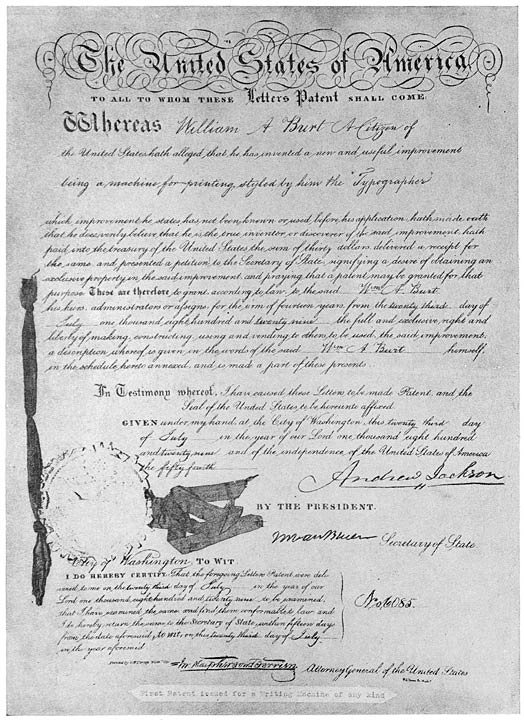 Photographic Reproduction of the Title Page of the First American Patent on a Typewriter, Granted to William A. Burt, July 23, 1829. Signed by Andrew Jackson, President, and Martin Van Buren, Secretary of State.