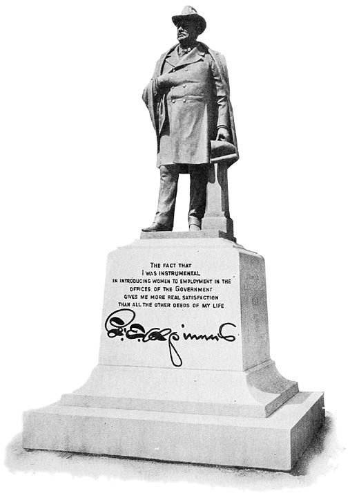 STATUE OF GENERAL FRANCIS E. SPINNER AT HERKIMER, N.Y., ERECTED BY THE WOMEN OF THE DEPARTMENTS OF THE GOVERNMENT. NOTE THE INSCRIPTION ON THE PEDESTAL.