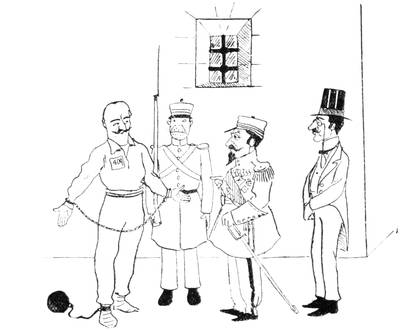 Illustration: Prisoner Sin with ball and chain speaking with three military gentlemen.