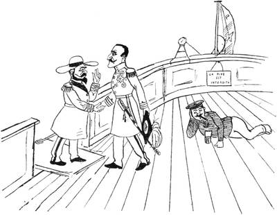 Illustration: Sin in military uniform greeting a fellow officer boarding a ship.
