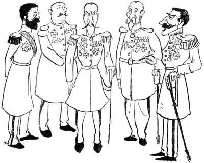 Illustration: Portrait of five men in military uniforms.