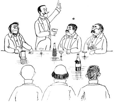 Illustration: Sin orating to a group around a drinking table.