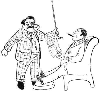 Illustration: Blood in a checkered suit waving a walking stick at our traveller who is relaxing and smoking in a chair.