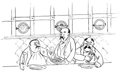 Illustration: Stout man at dinner refusing asparagus.