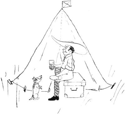 Illustration: Our traveller, drink in hand, sitting on a trunk in front of a tent with an eager dog.