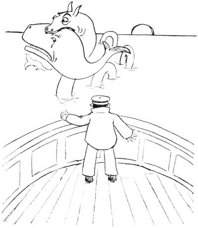 Illustration: Our traveller on the foredeck of the ship viewing a sea-serpent with a whale in its mouth.