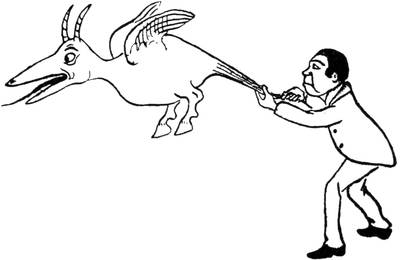 Illustration: Man holding tail of bird trying to fly away. Bird has horns and horses hooves.Our traveller holding the tail of a bird which is trying to fly away. The bird has horns and horse-hooves.