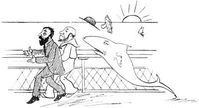 Illustration: The Chaplain and the Mate running on the deck with a shark chasing them, running on its tail.