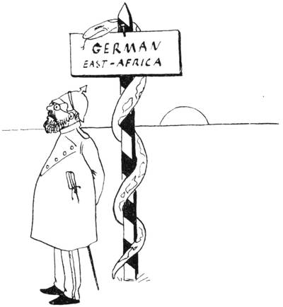Illustration: Military officer, possibly German, staring into the distance in front of a sign for German East Africa, with a snake wrapped around the sign post.