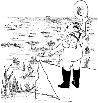 Illustration: Blood standing on an outcropping viewing a vast swamp, waving his hat.