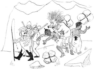 Illustration: Our three travellers easing away from tent as a lion takes down an African.