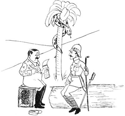 Illustration: Blood and a military officer sitting outdoors with a palm tree in the background, and a snake wrapped around the tree.