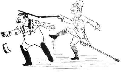 Illustration: Military officer twitting Blood with a stick and kicking him.