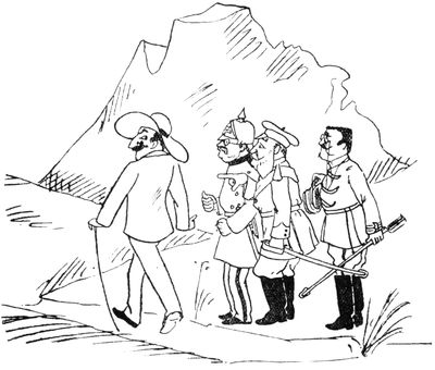 Illustration: Sin grinning and walking past the three military men (from previous illustration).