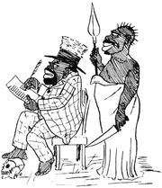 Illustration: The African king seated with his foot on a skull, writing, and another African in attendance, armed.