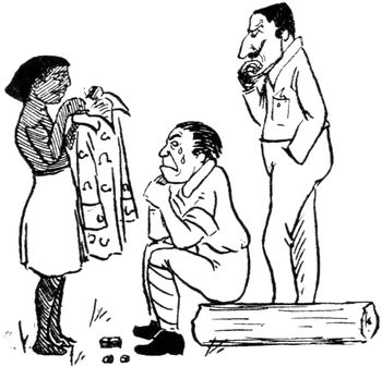 Illustration: An African showing Blood’s shirt to the other two travellers.