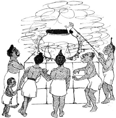 Illustration: Cooking cauldron in the midst of a group of Africans with Sin’s hand reaching out of it.