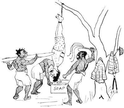Illustration: Our traveller unclothed hanging by his feet from a tree, and Africans whipping and jobbing him, and filling his mouth with soap.