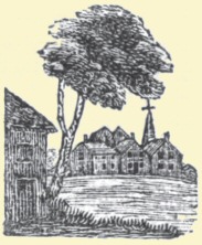 Decorative graphic of building with tree, and houses with church
in background