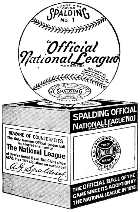Horse Hide Cover Spalding No. 1 “Official National League” Reg. U S Pat Off Spalding Official National League No. 1 Beware of Counterfeits The Only Genuine Official League Ball, as adopted and used by The National League of Professional Base Ball Clubs since 1878, has this signature on each label A. G. Spalding. The Official Ball of the Game Since Its Adoption By The National League in 1878