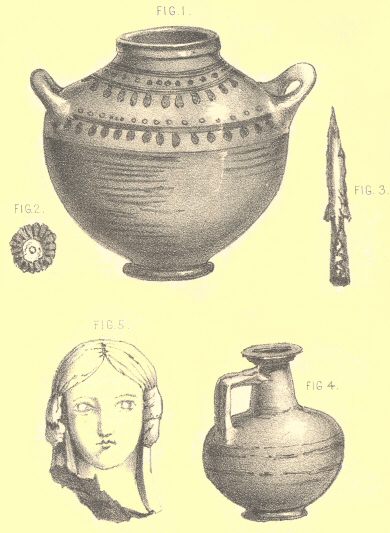Plate 14: Upchurch Pottery, Adz, Spear Head, and Romano-Salopian
(Red) Ware