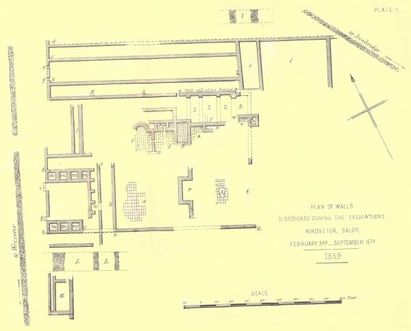 Plan of Walls, discovered by the Excavations at Wroxeter, Salop,
from February 3rd to September, 1863