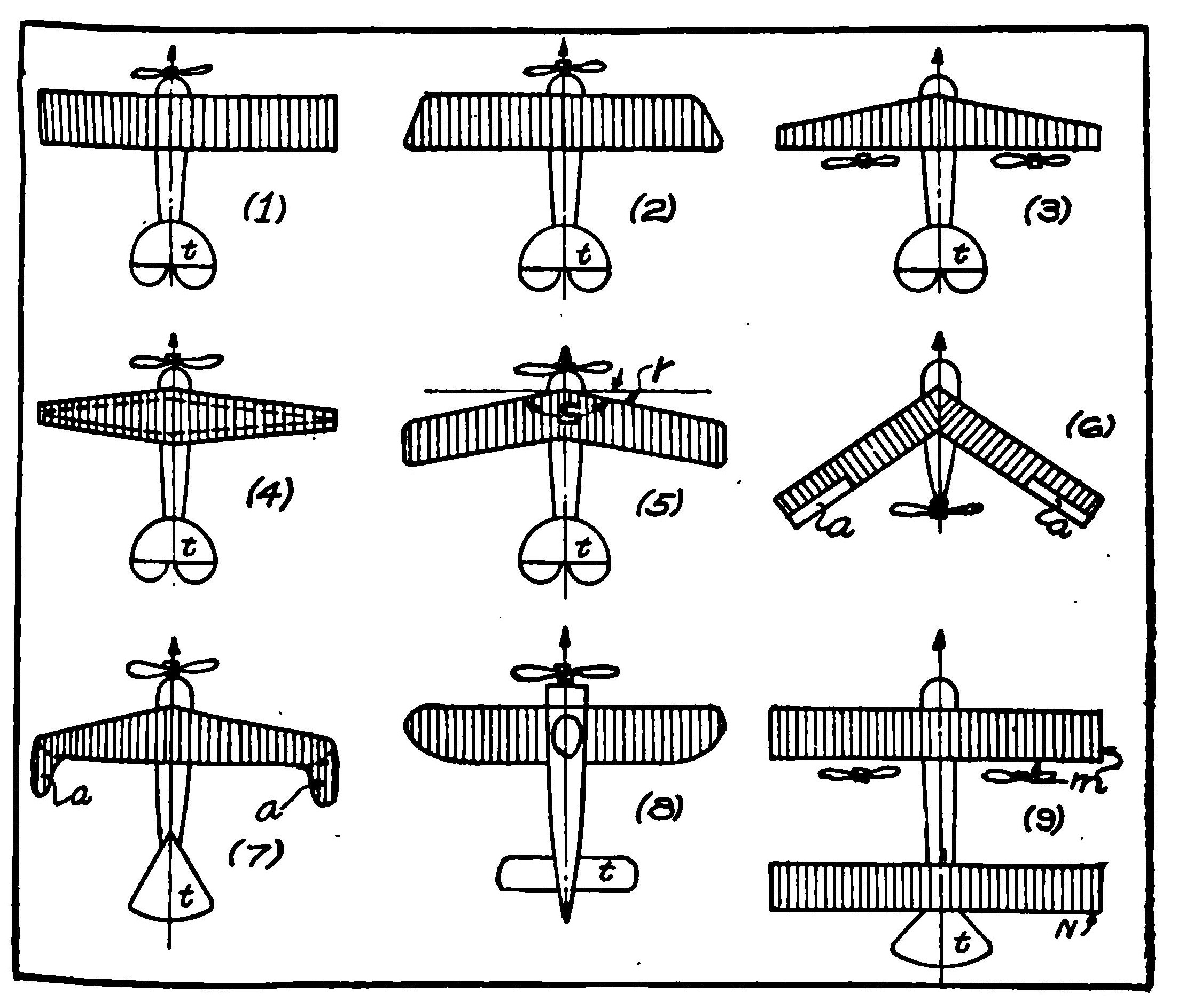 Figs. 1-9. Plan Views of Different Wing Arrangements and Wing Outlines.