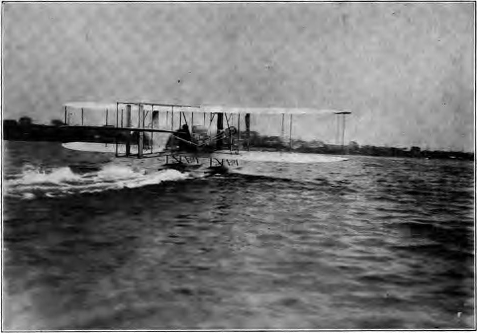HARRY ATWOOD IN HIS BURGESS HYDROAEROPLANE SKIMMING OVER THE SURFACE OF MARBLEHEAD BAY