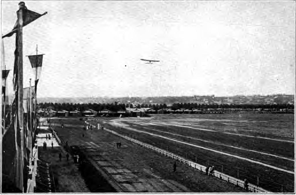 VIEW OF THE FRENCH AVIATION GROUNDS SHOWING THE HANGARS RANGED ALONG THE EDGES OF THE FIELD