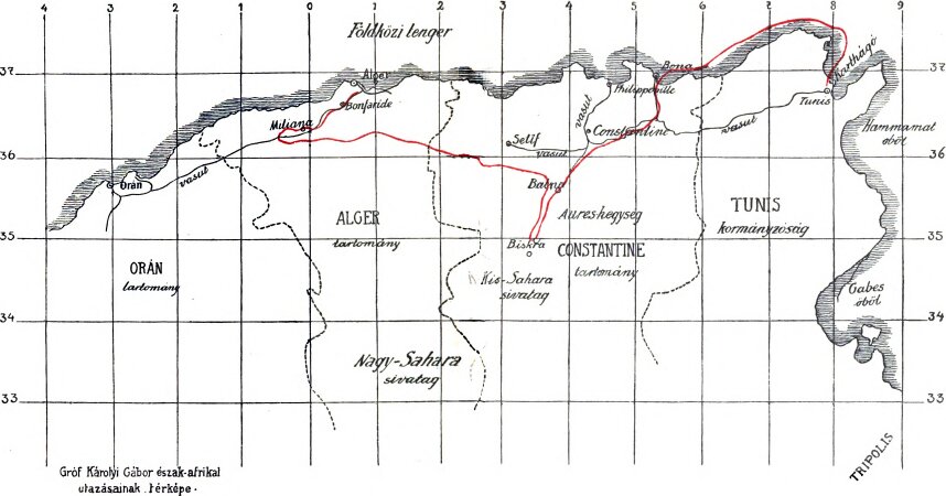 Gróf Károlyi Gábor észak-afrikai utazásainak térképe.
