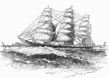 The Northern Light, Captain Joshua
Slocum, bound for Liverpool, 1885. Drawn by W. Taber.