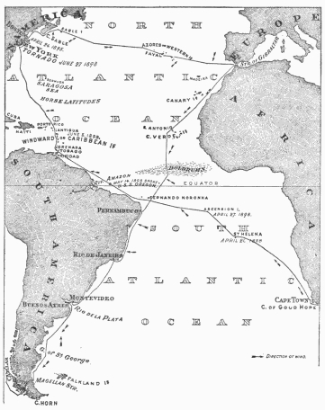 Chart of the Spray's Atlantic voyages from Boston to
Gibraltar, thence to the Strait of Magellan, in 1895, and finally
homeward bound from the Cape of Good Hope in 1898.