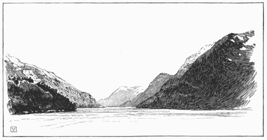 Looking west from Fortescue Bay, where the Spray was
chased by Indians. (From a photograph.)