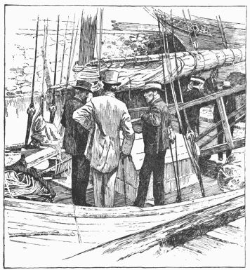 Captain Slocum, Sir Alfred Milner (with the tall hat),
and Colonel Saunderson, M. P., on the bow of the Spray at Cape
Town.