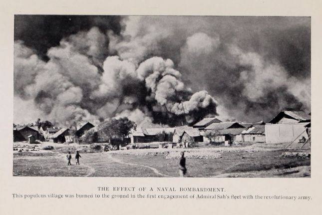 THE EFFECT OF A NAVAL BOMBARDMENT. This populous village was burned to the ground in the first engagement of Admiral Sah's fleet with revolutionary army.