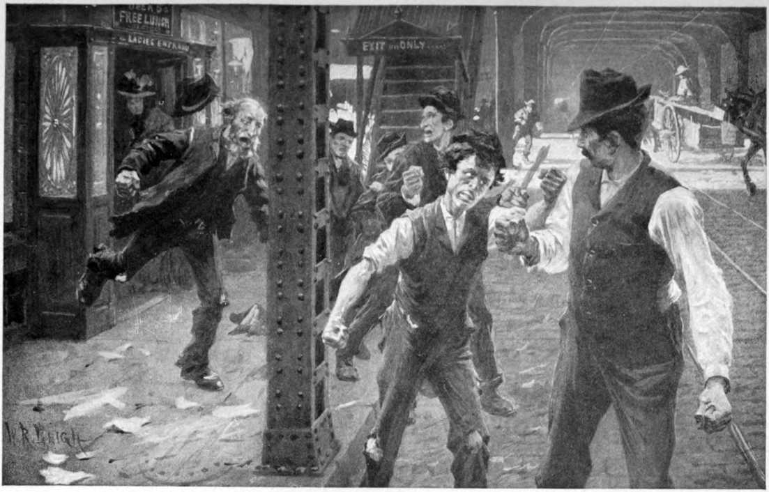 A small number of men are gathered under an elevated subway.
Some of the men have their fists balled up ready to fight.