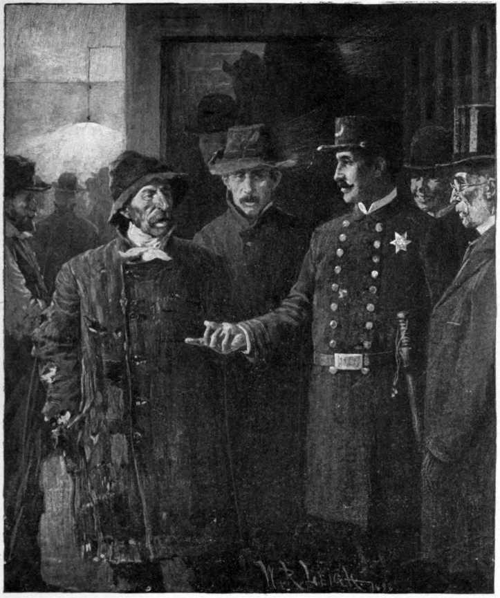 Two well dressed men and two poorly dressed men are looking
at a policeman who appears to be explaining something.