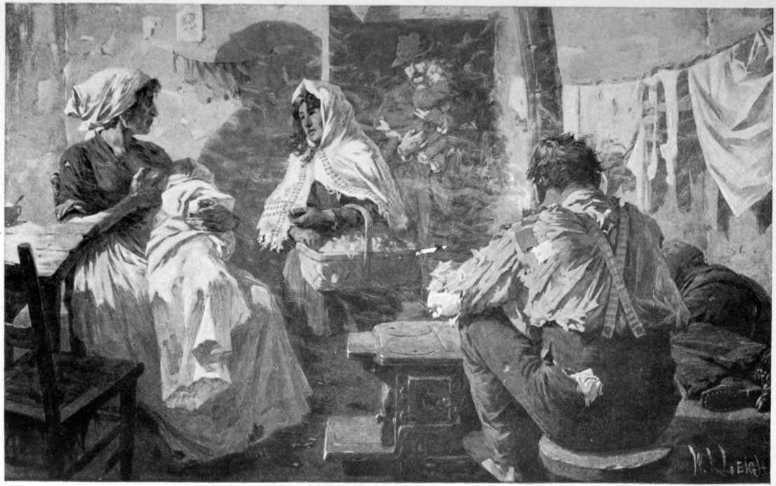 Several poorly dressed people in a a room. One woman is nursing a
child. One man is carrying a child in the doorway.