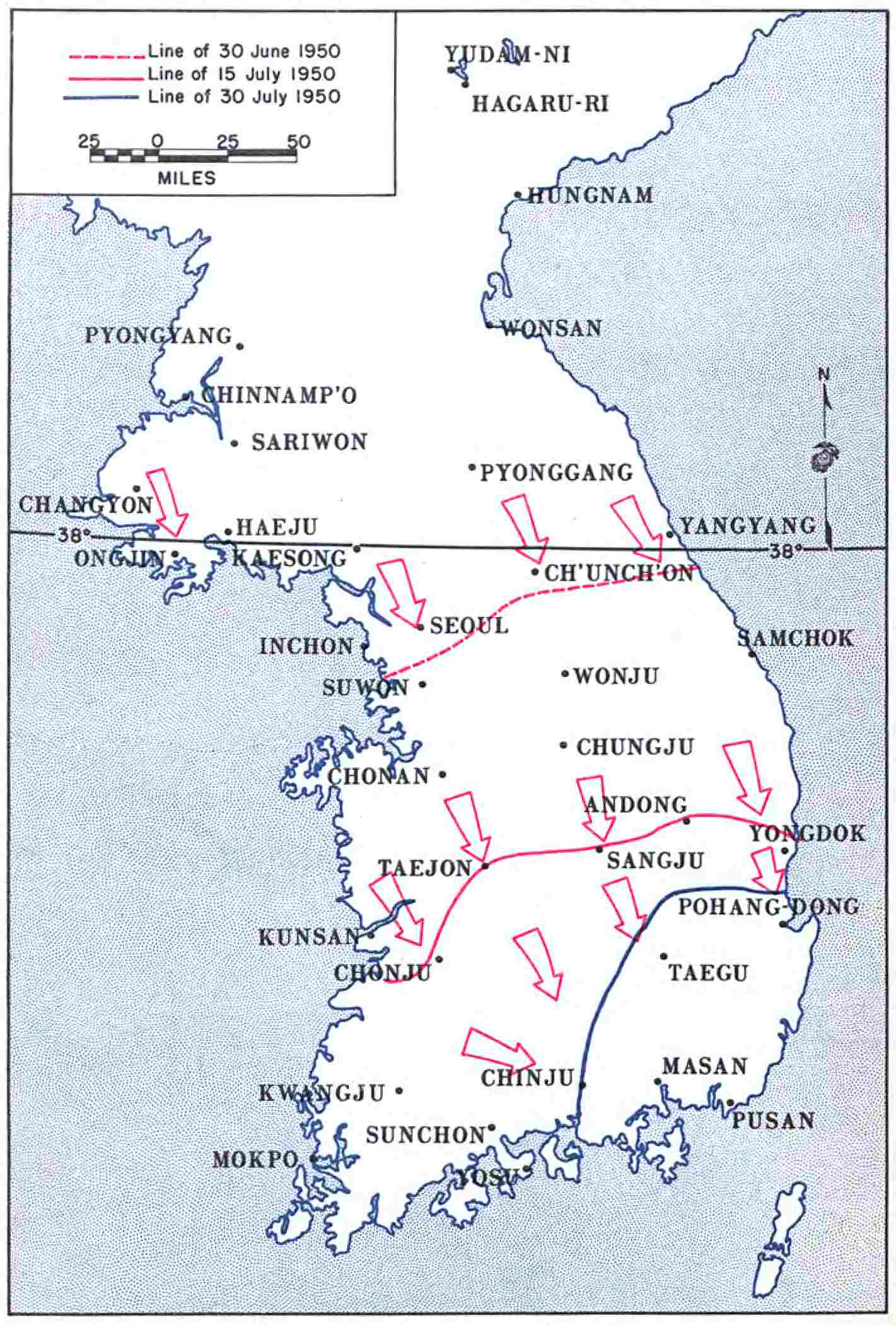 (Map of Korea, indicating battle fronts in July, 1950.)