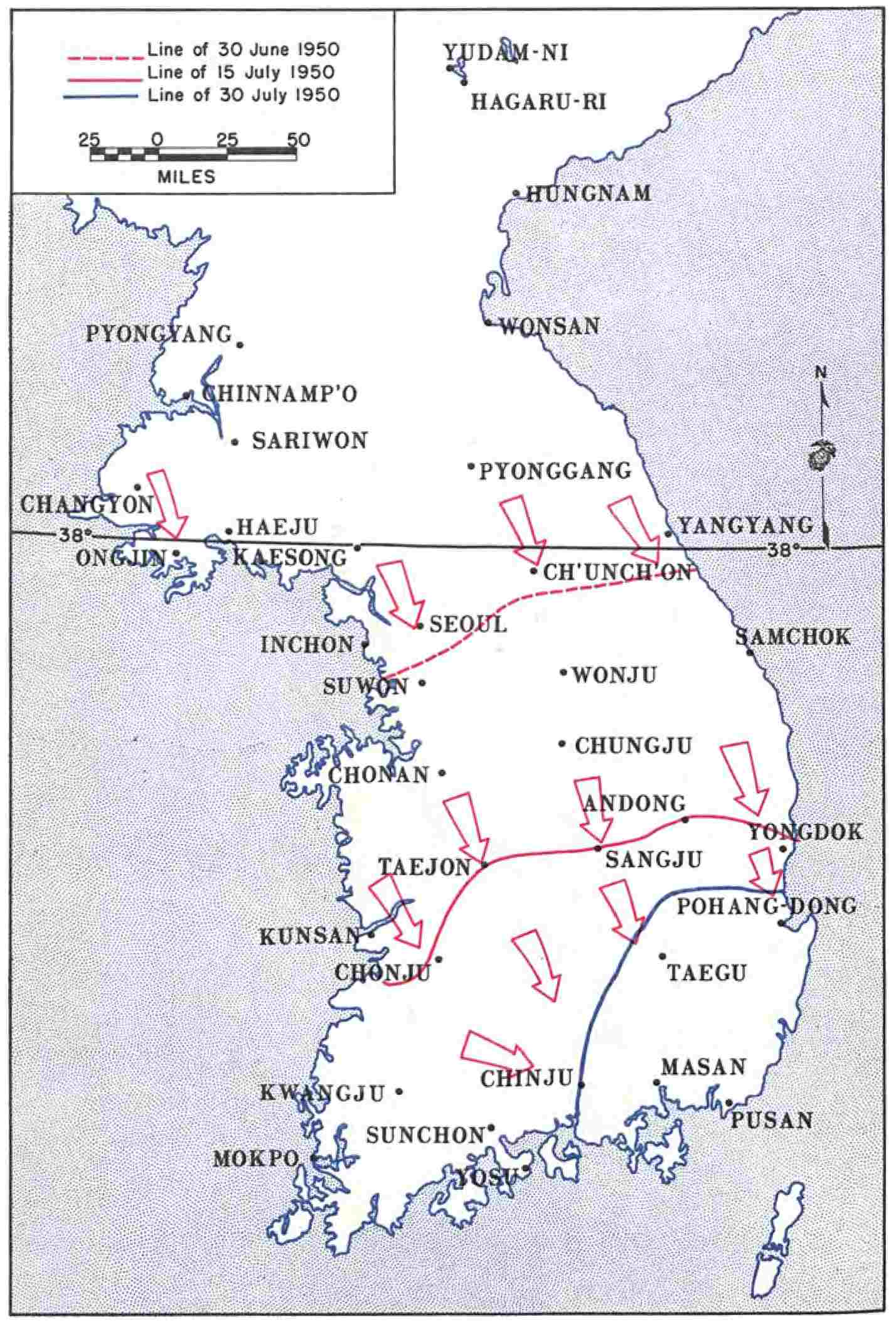 (Map of Korea, indicating battle fronts in July, 1950.)