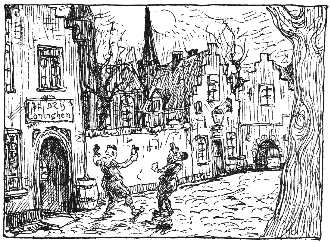 Een paar dronken mannen voor de De Drij Coninghen.