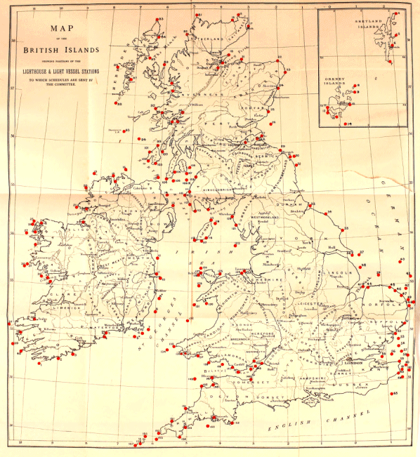 Map of the British Islands Showing Position of the Lighthouse & Light Vessel Stations